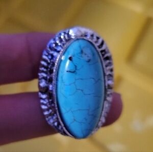 Womens Turquoise Oval Stone Ring with Silver Adjustable Band